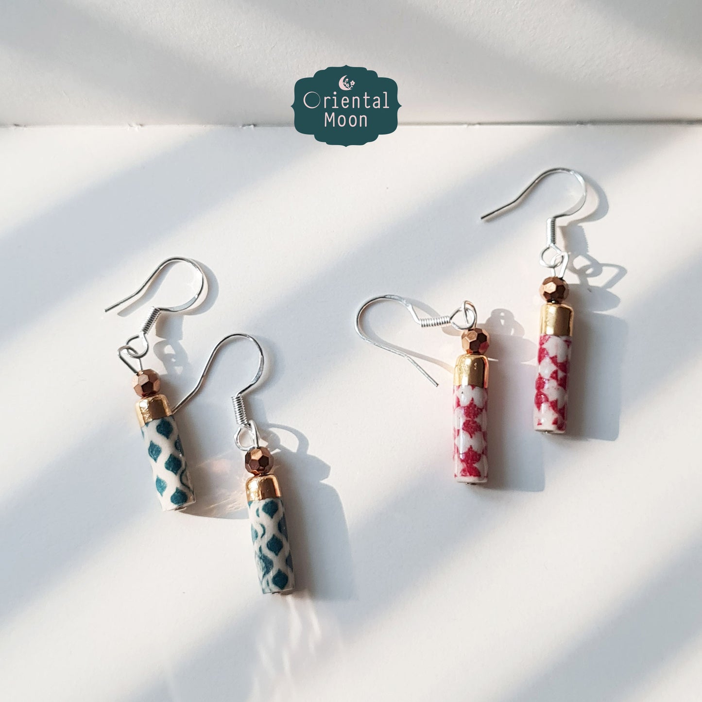 Cylinder shape ceramic hanging earrings ( 925 sterling silver hook) Pattern type