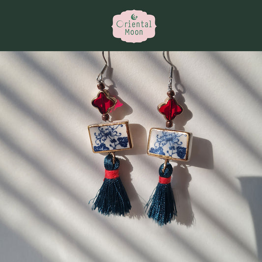 Blue &White vintage pattern with gold rim painted  dangle ceramic earrings decorated with tassel (925 sterling silver hook)