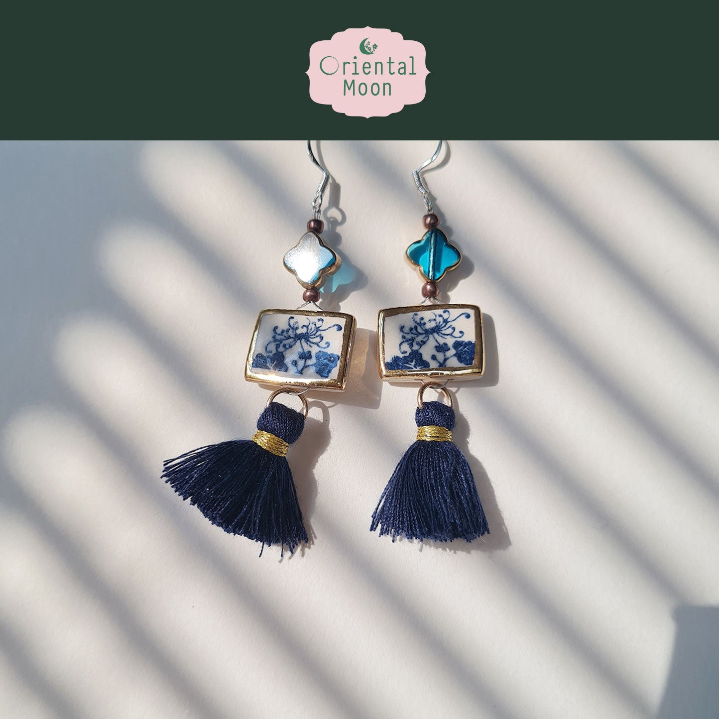 Blue &White vintage pattern with gold rim painted  dangle ceramic earrings decorated with tassel (925 sterling silver hook)