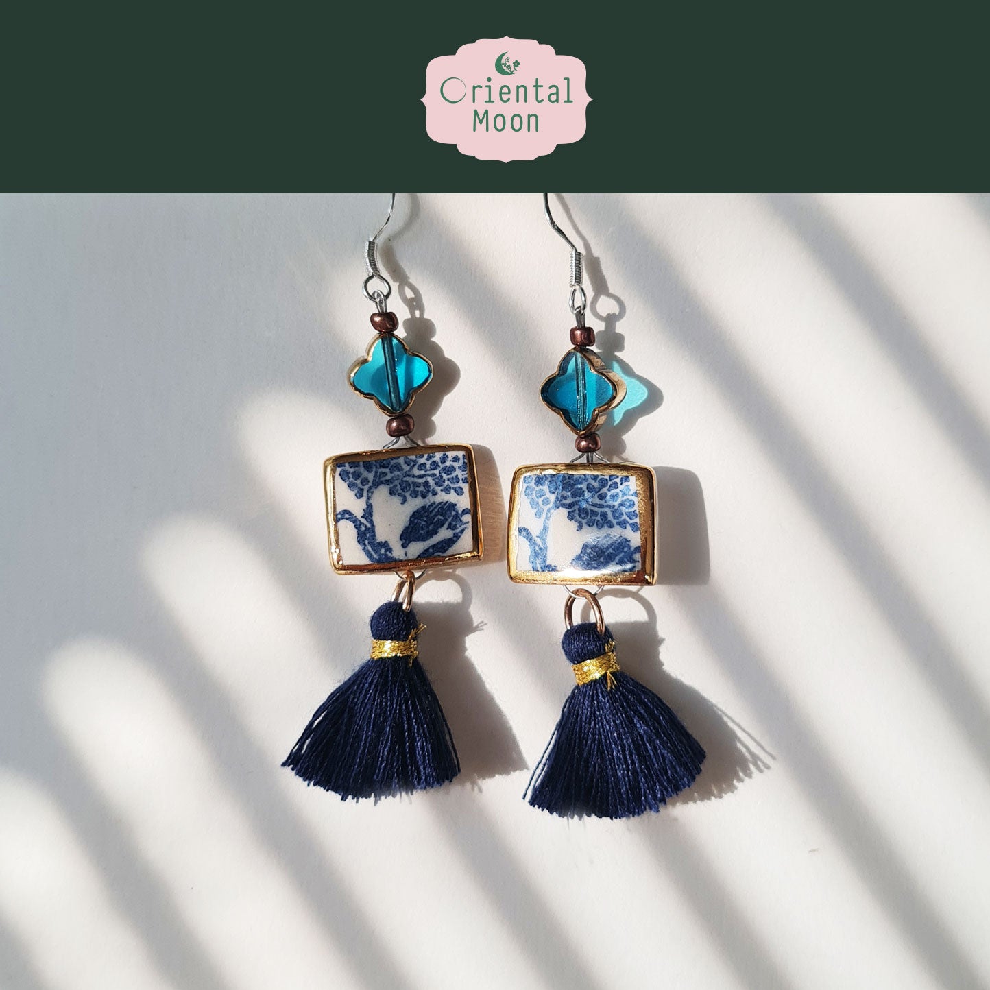 Blue &White vintage pattern with gold rim painted  dangle ceramic earrings decorated with tassel (925 sterling silver hook)