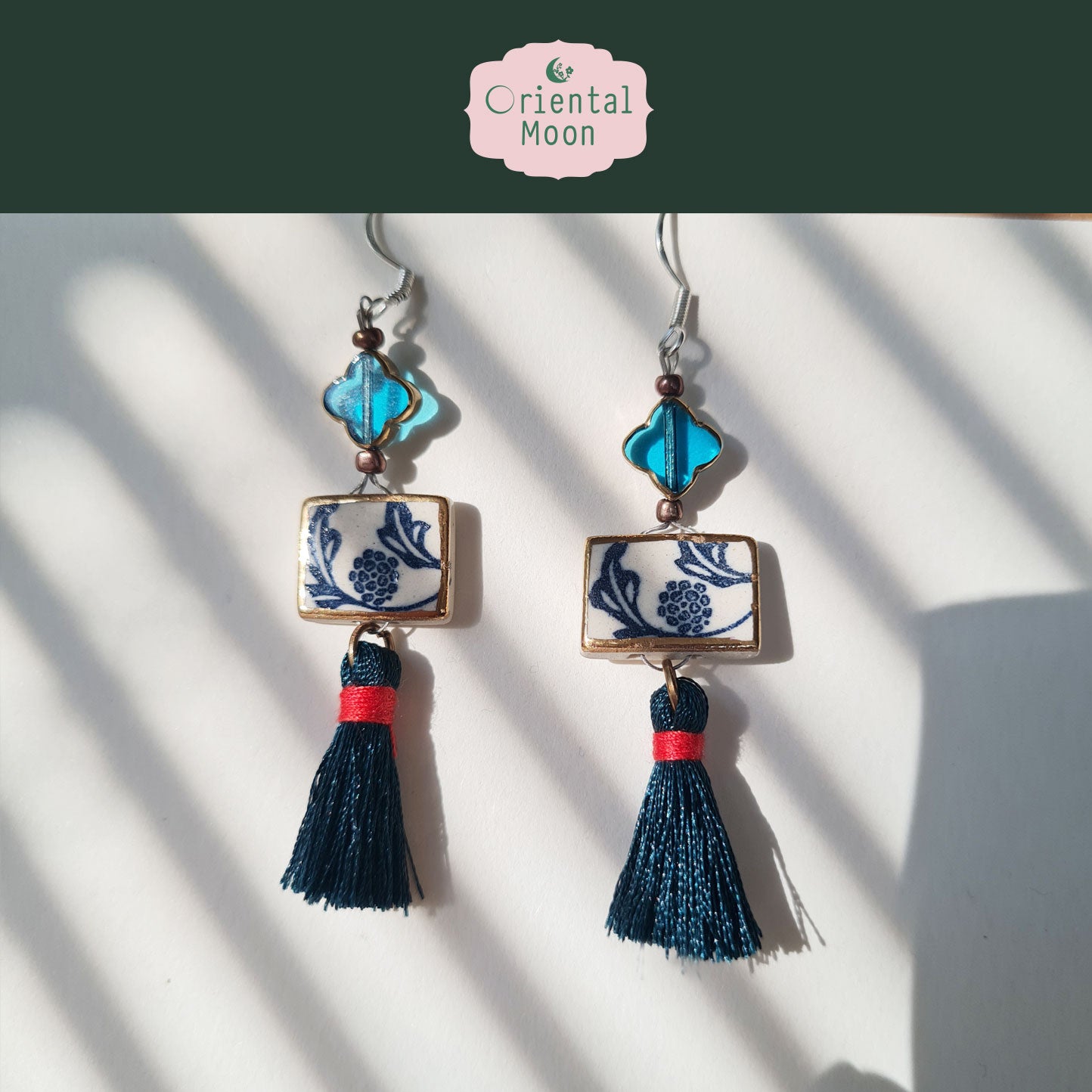 Blue &White vintage pattern with gold rim painted  dangle ceramic earrings decorated with tassel (925 sterling silver hook)