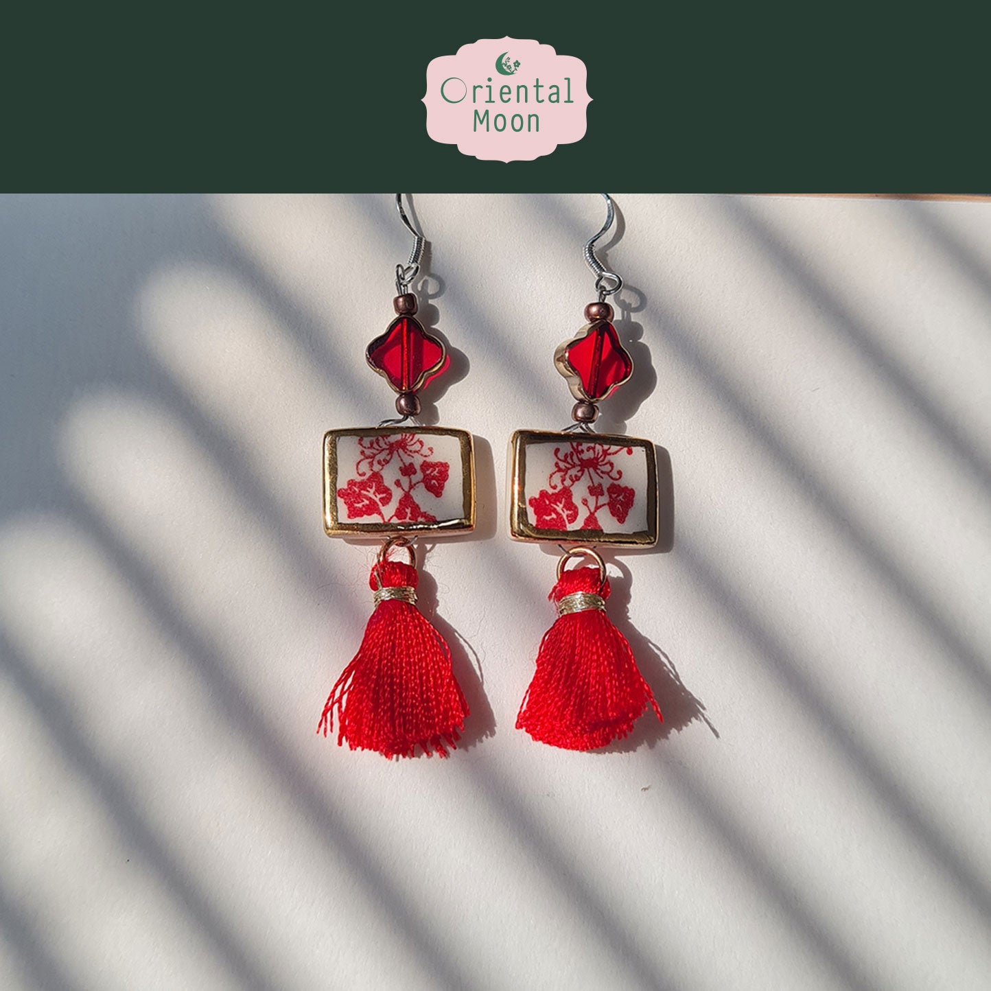 Blue &White vintage pattern with gold rim painted  dangle ceramic earrings decorated with tassel (925 sterling silver hook)