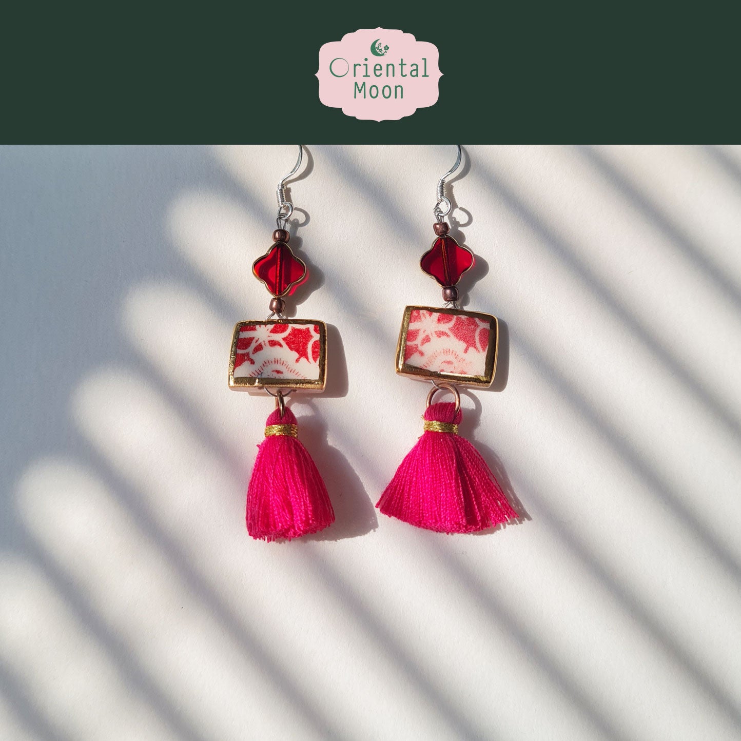 Blue &White vintage pattern with gold rim painted  dangle ceramic earrings decorated with tassel (925 sterling silver hook)