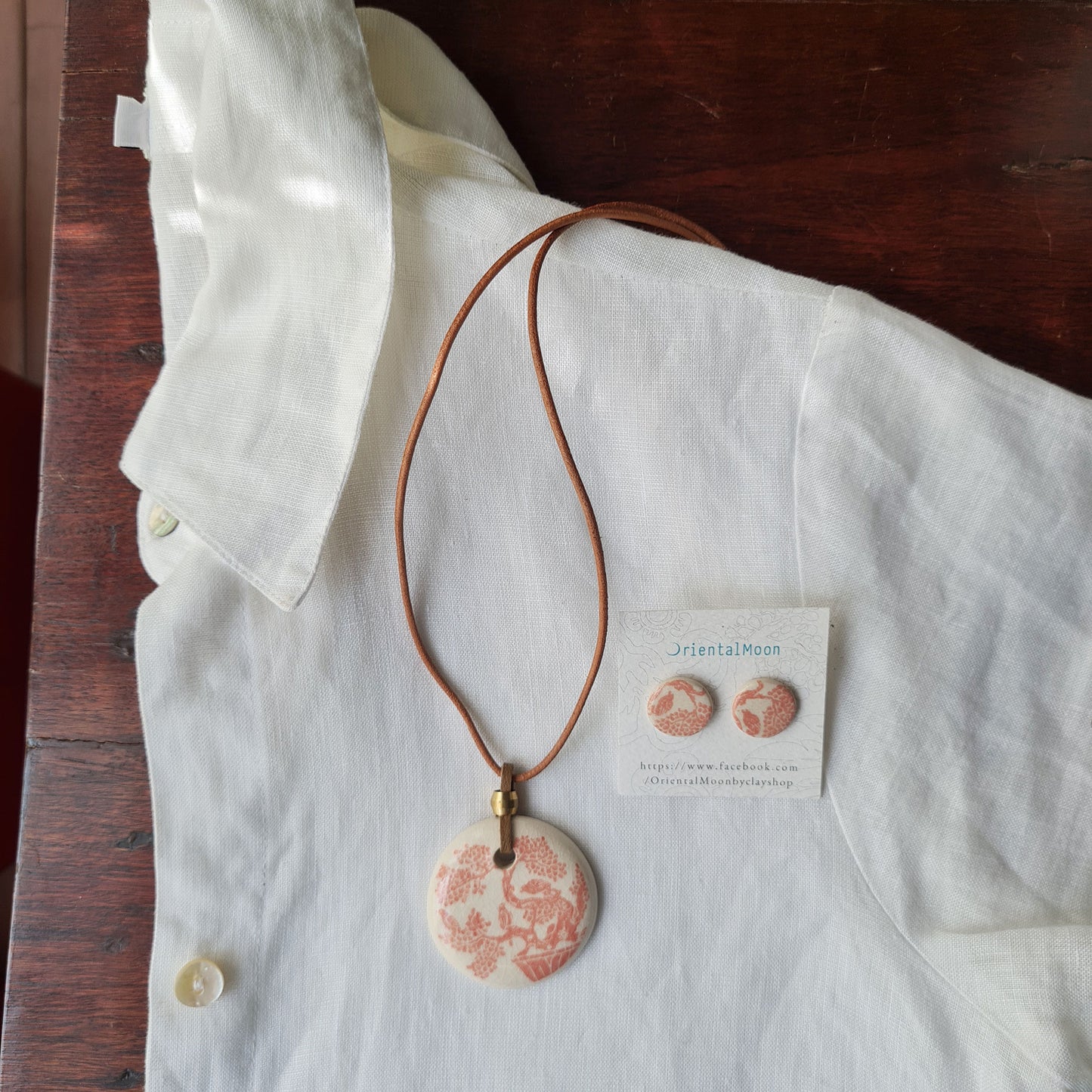 Oriental Thai Pink pattern ceramic pendant set with earrings OM01 ชุดสร้อยคอจี้เซรามิคลวดลายสีชมพูลายโอเรียนทัลไทย