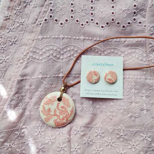 Oriental Thai Pink pattern ceramic pendant set with earrings OM01 ชุดสร้อยคอจี้เซรามิคลวดลายสีชมพูลายโอเรียนทัลไทย