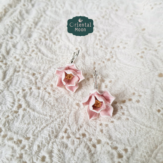 Lotus porcelain hanging earrings with a 925 sterling silver circular base