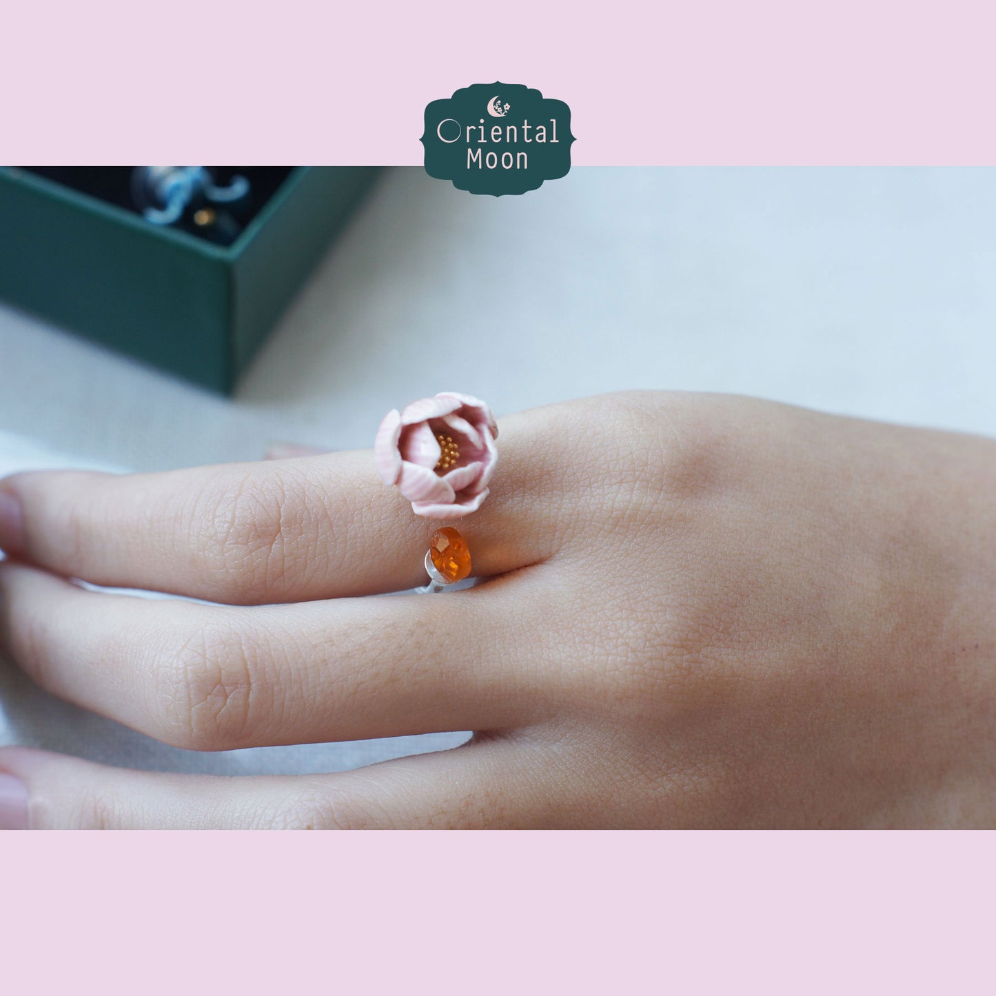 Adjustable lotus bud porcelain ring with a dice crystal bead