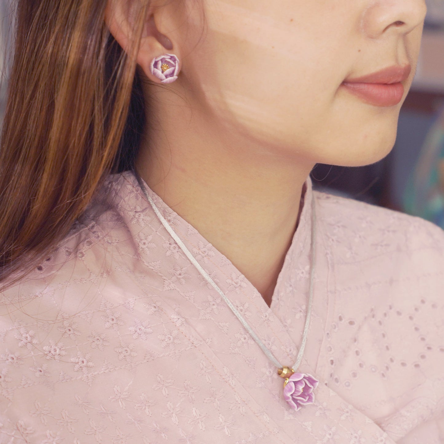 Lotus bud porcelain stud earrings with a 925 sterling silver post