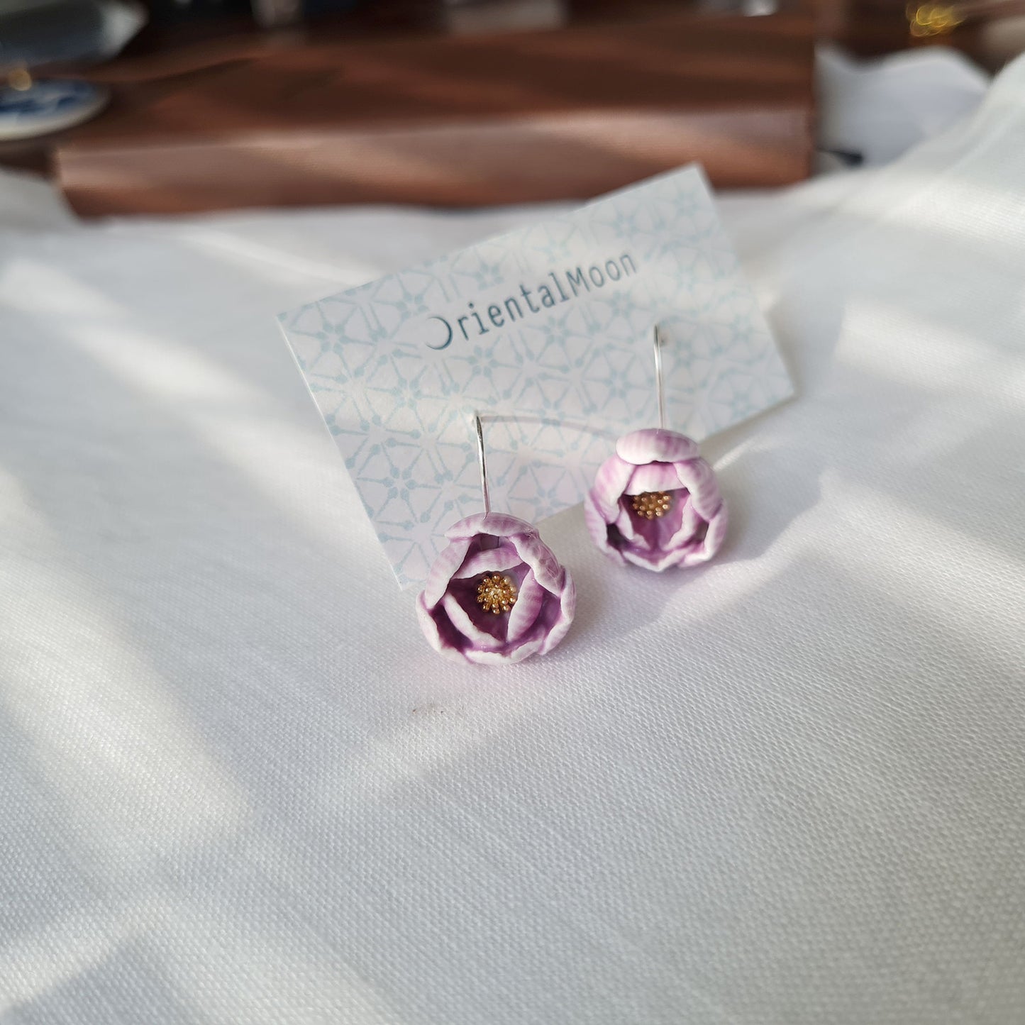 Lotus bud porcelain hanging earrings with a 925 sterling silver hook