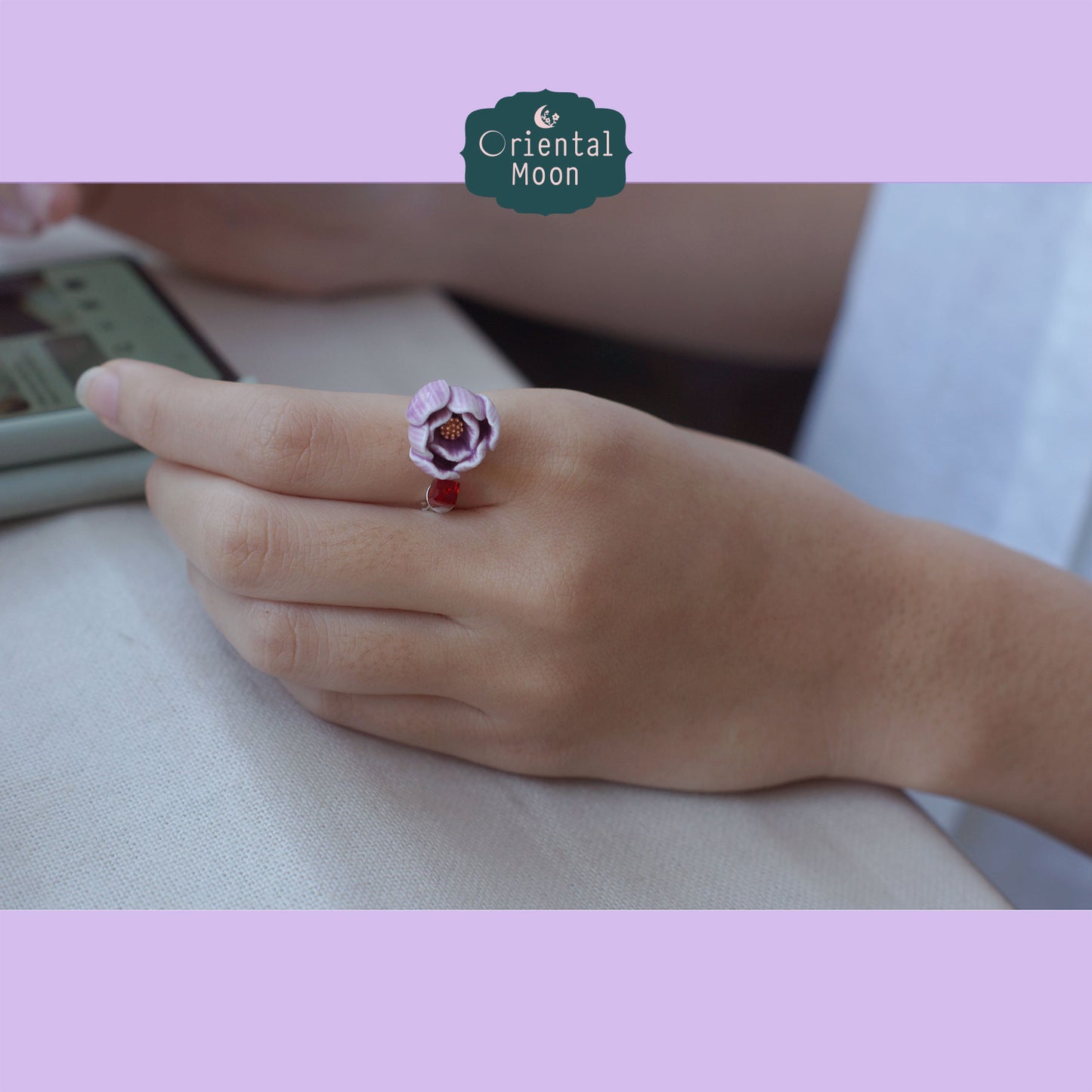 Adjustable lotus bud porcelain ring with a dice crystal bead