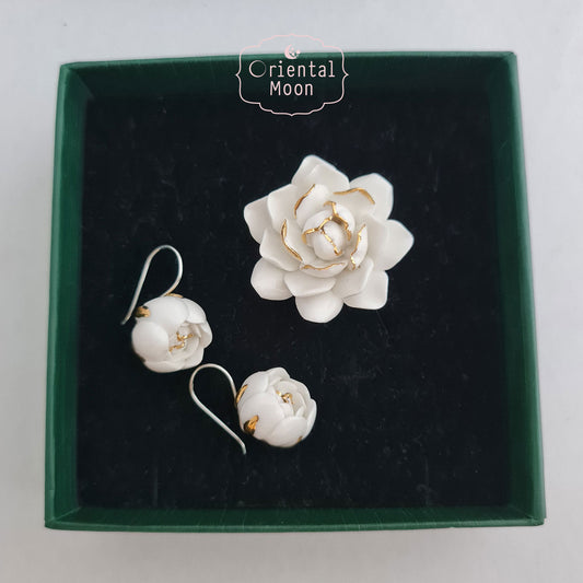 Dok Mali Son Porcelain set of brooch and earrings ( 925 sterling silver )