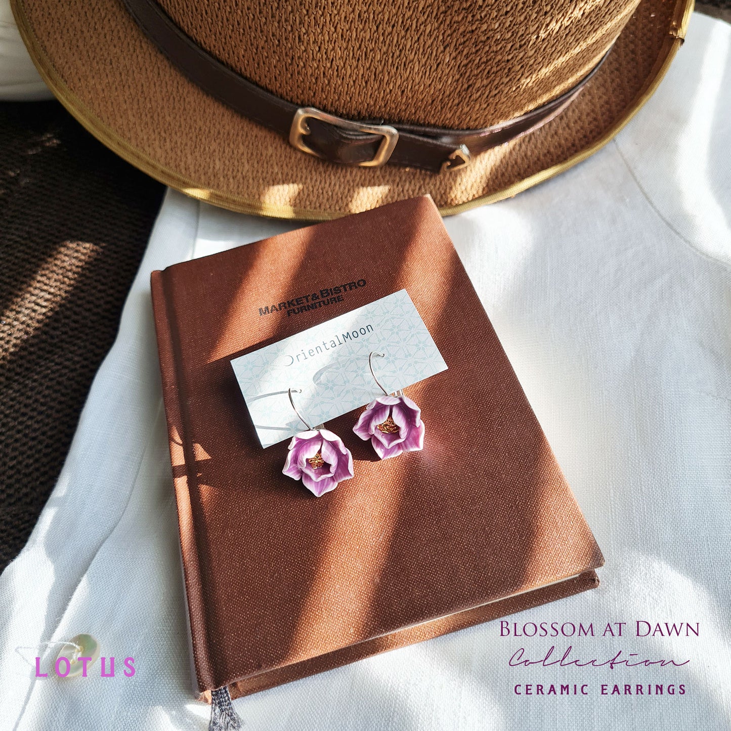 Lotus porcelain hanging earrings with a 925 sterling silver circular base