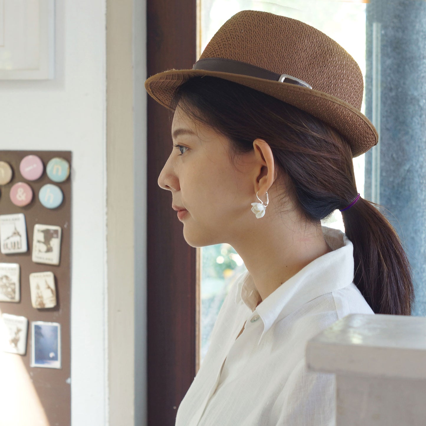Lotus porcelain hanging earrings with a 925 sterling silver circular base
