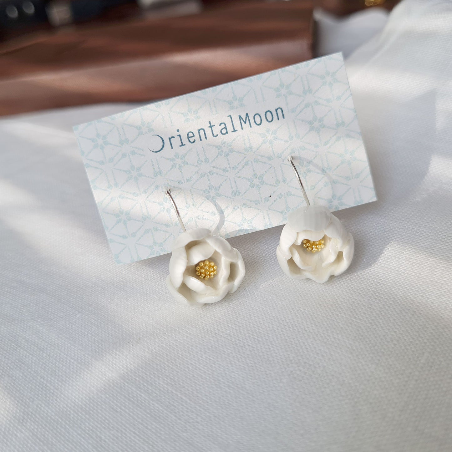 Lotus bud porcelain hanging earrings with a 925 sterling silver hook