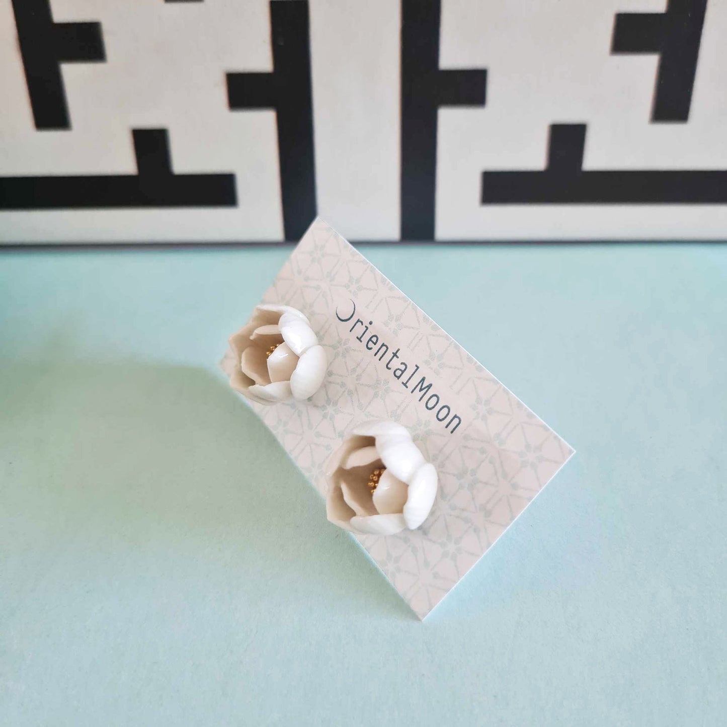 Lotus bud porcelain stud earrings with a 925 sterling silver post