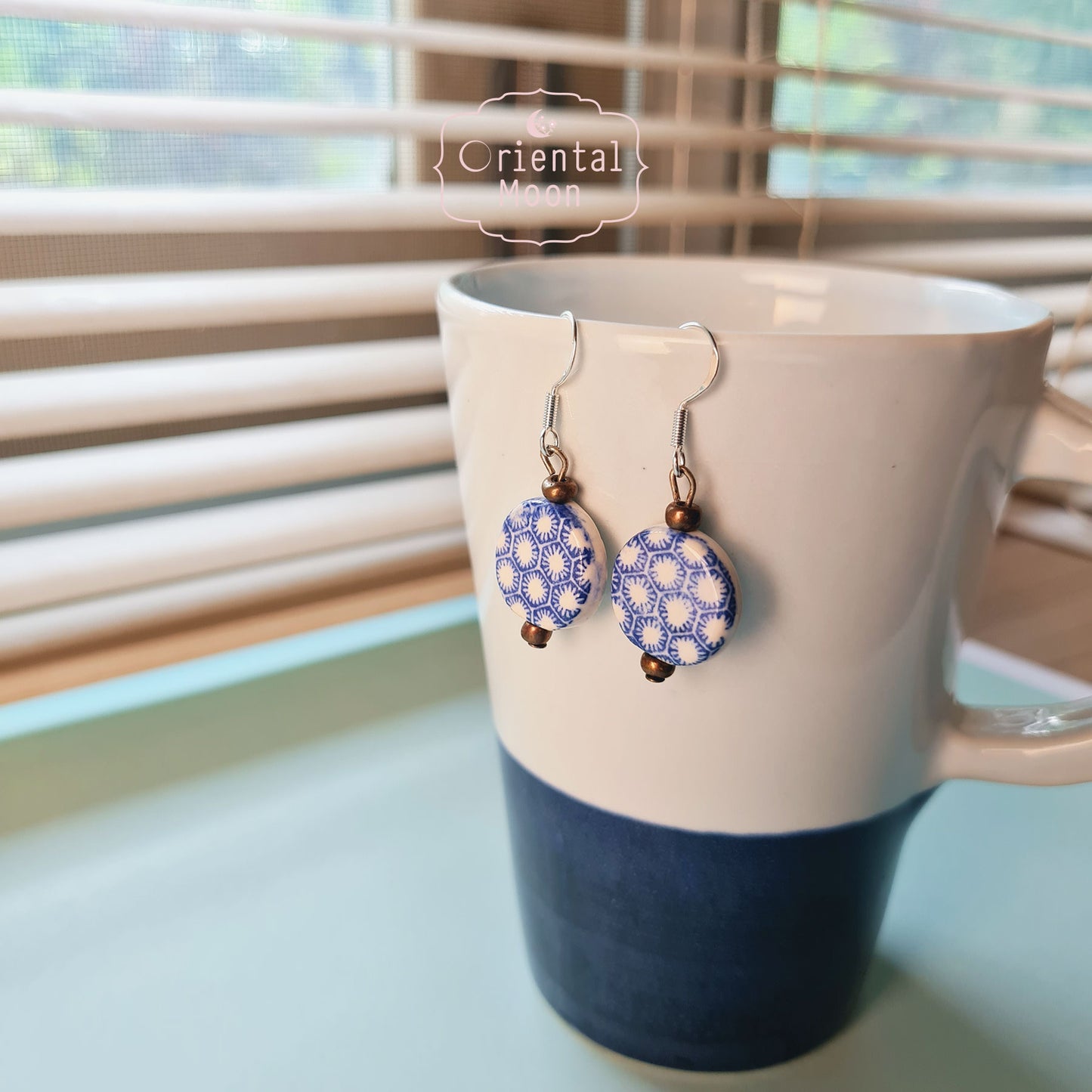 Blue &White vintage pattern on circle ceramic hanging earrings  (925 sterling silver hook)