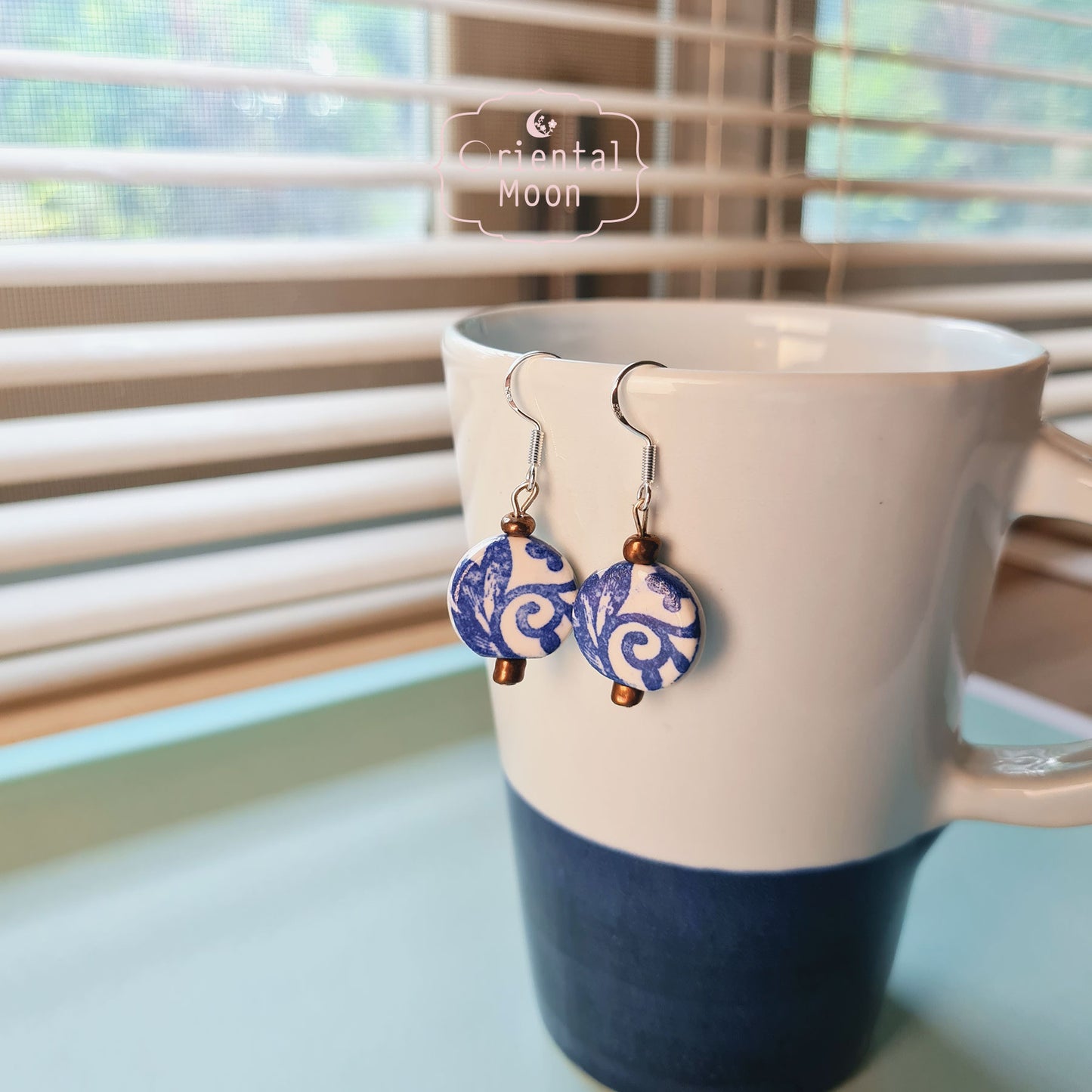 Blue &White vintage pattern on circle ceramic hanging earrings  (925 sterling silver hook)
