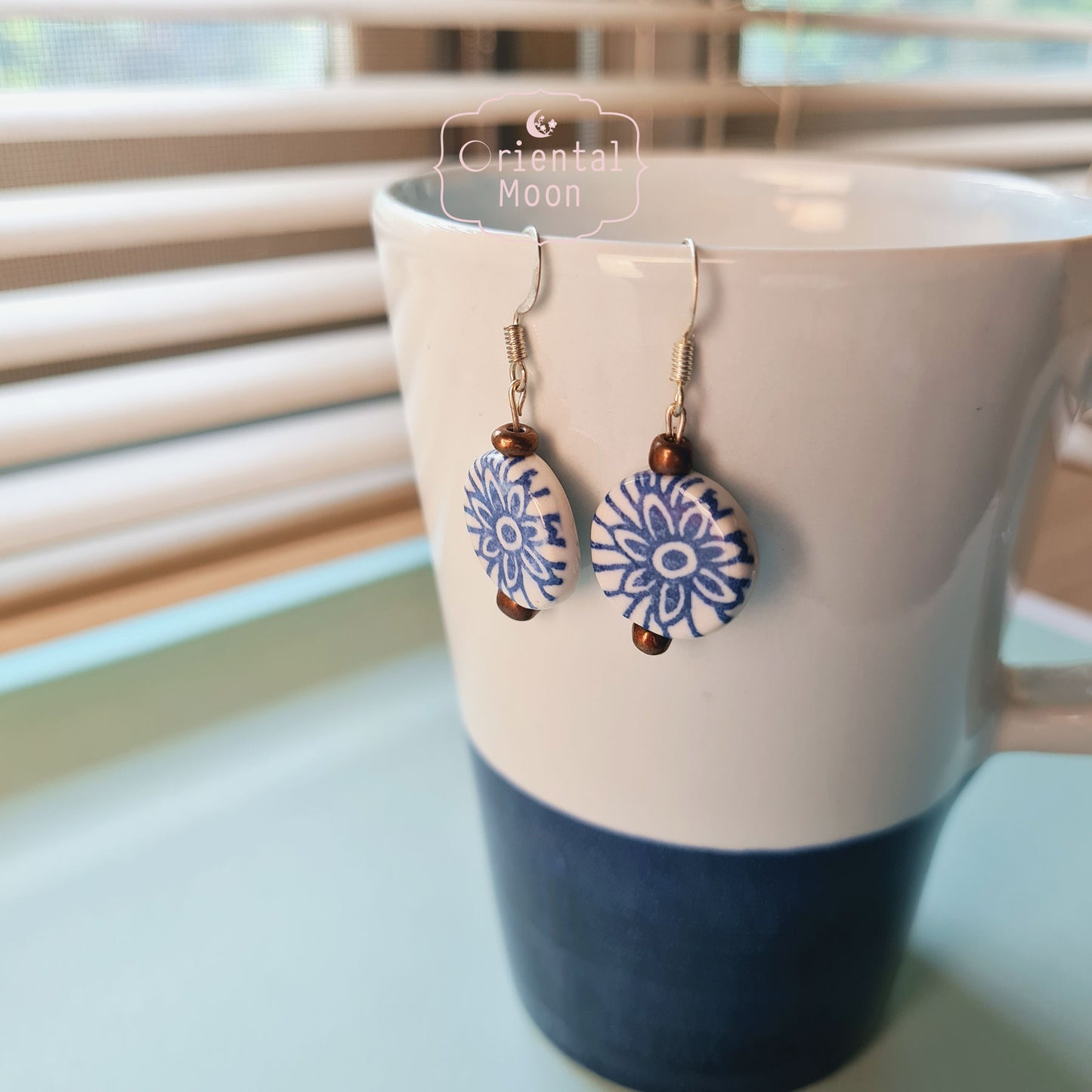Blue &White vintage pattern on circle ceramic hanging earrings  (925 sterling silver hook)