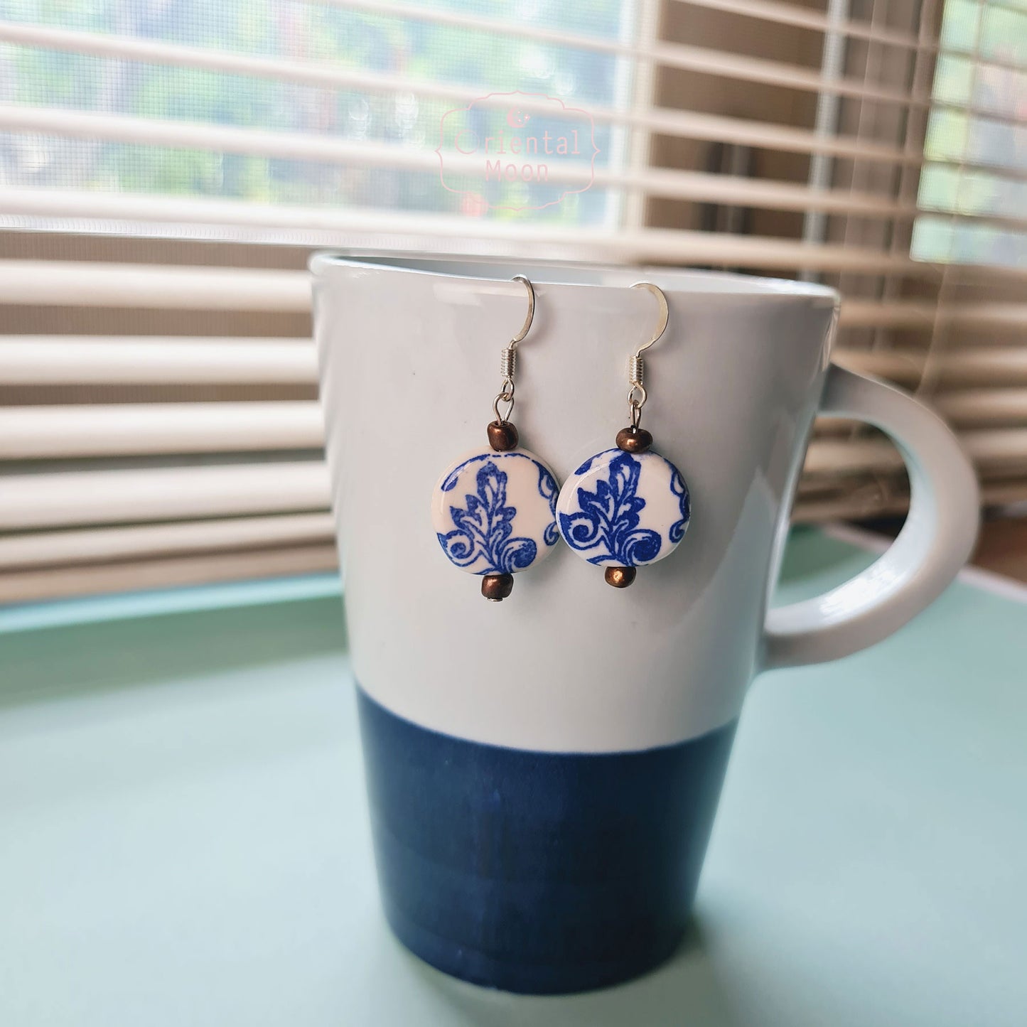 Blue &White vintage pattern on circle ceramic hanging earrings  (925 sterling silver hook)