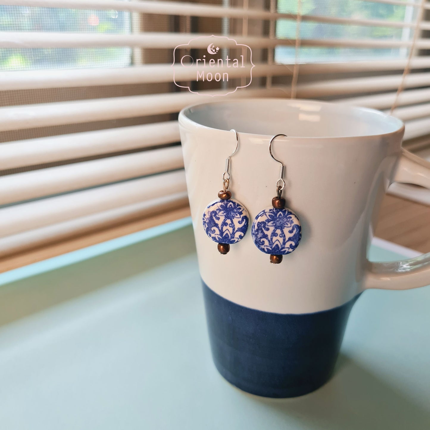 Blue &White vintage pattern on circle ceramic hanging earrings  (925 sterling silver hook)