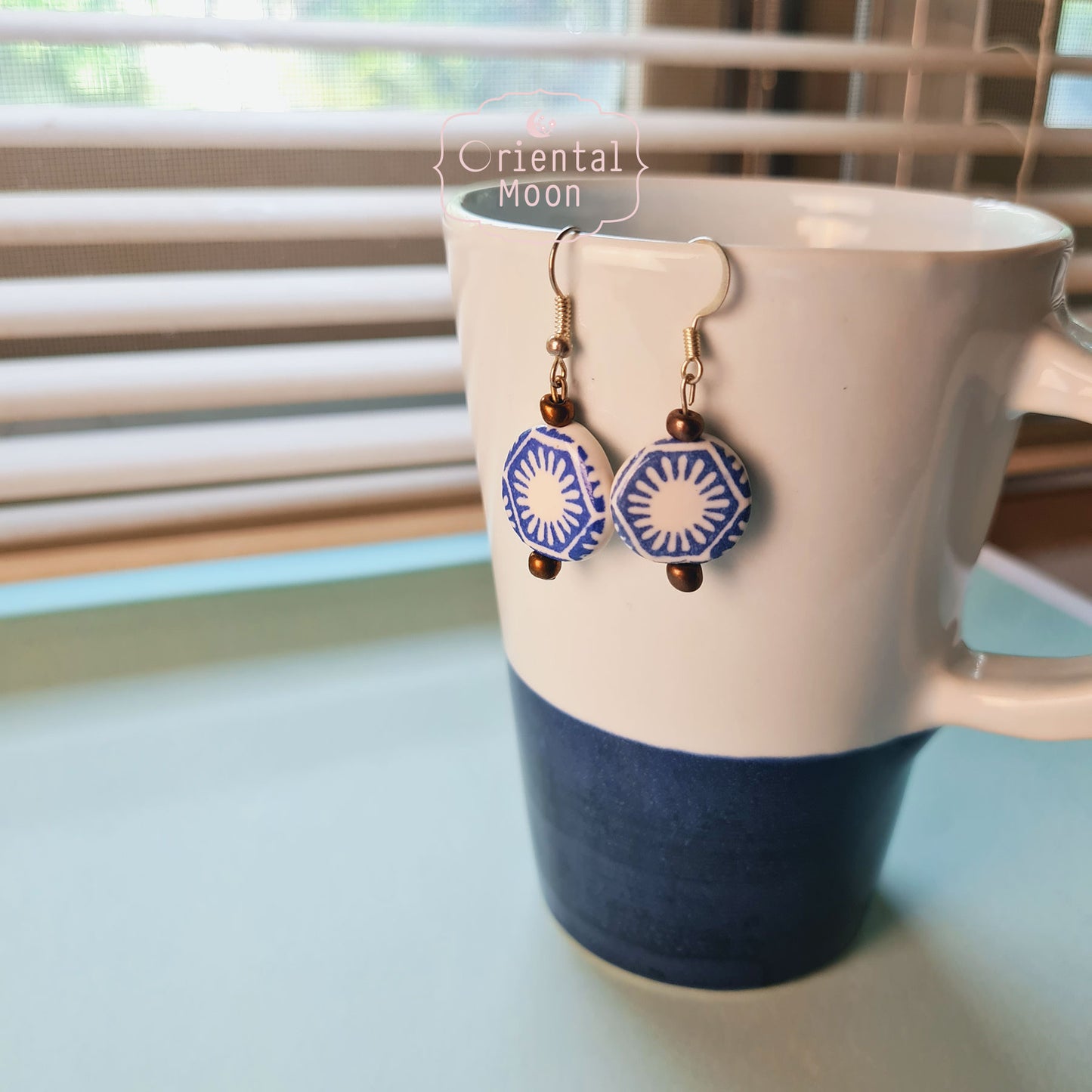 Blue &White vintage pattern on circle ceramic hanging earrings  (925 sterling silver hook)