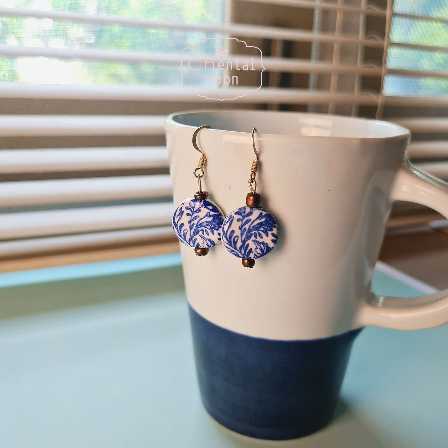 Blue &White vintage pattern on circle ceramic hanging earrings  (925 sterling silver hook)
