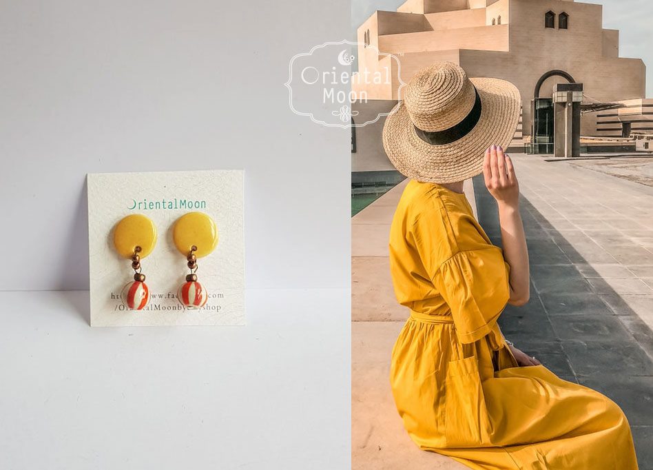 Ceramic drop earrings decorated with striped color ball ต่างหูเซรามิคสีเรียบประดับตุ้งติ้งบอลเพ้นท์ลายทาง