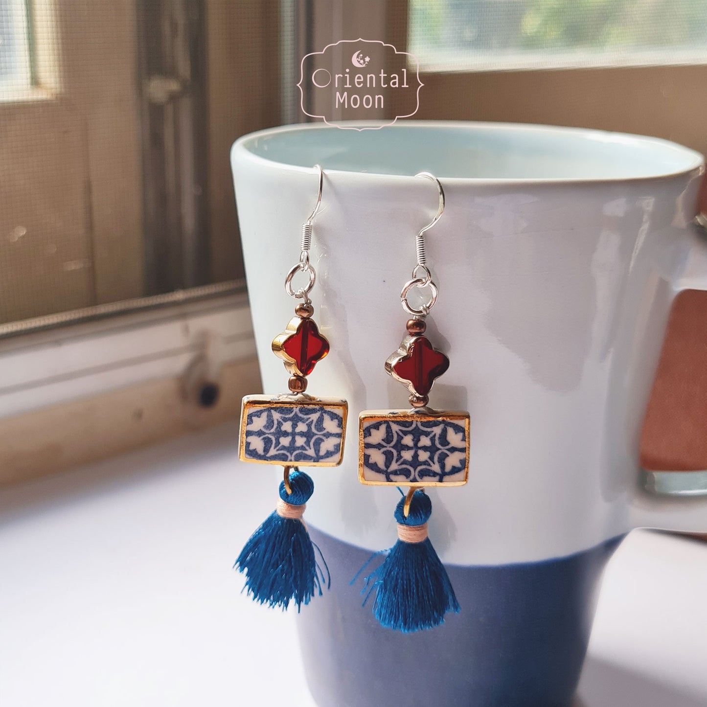Blue &White vintage pattern with gold rim painted  dangle ceramic earrings decorated with tassel (925 sterling silver hook)