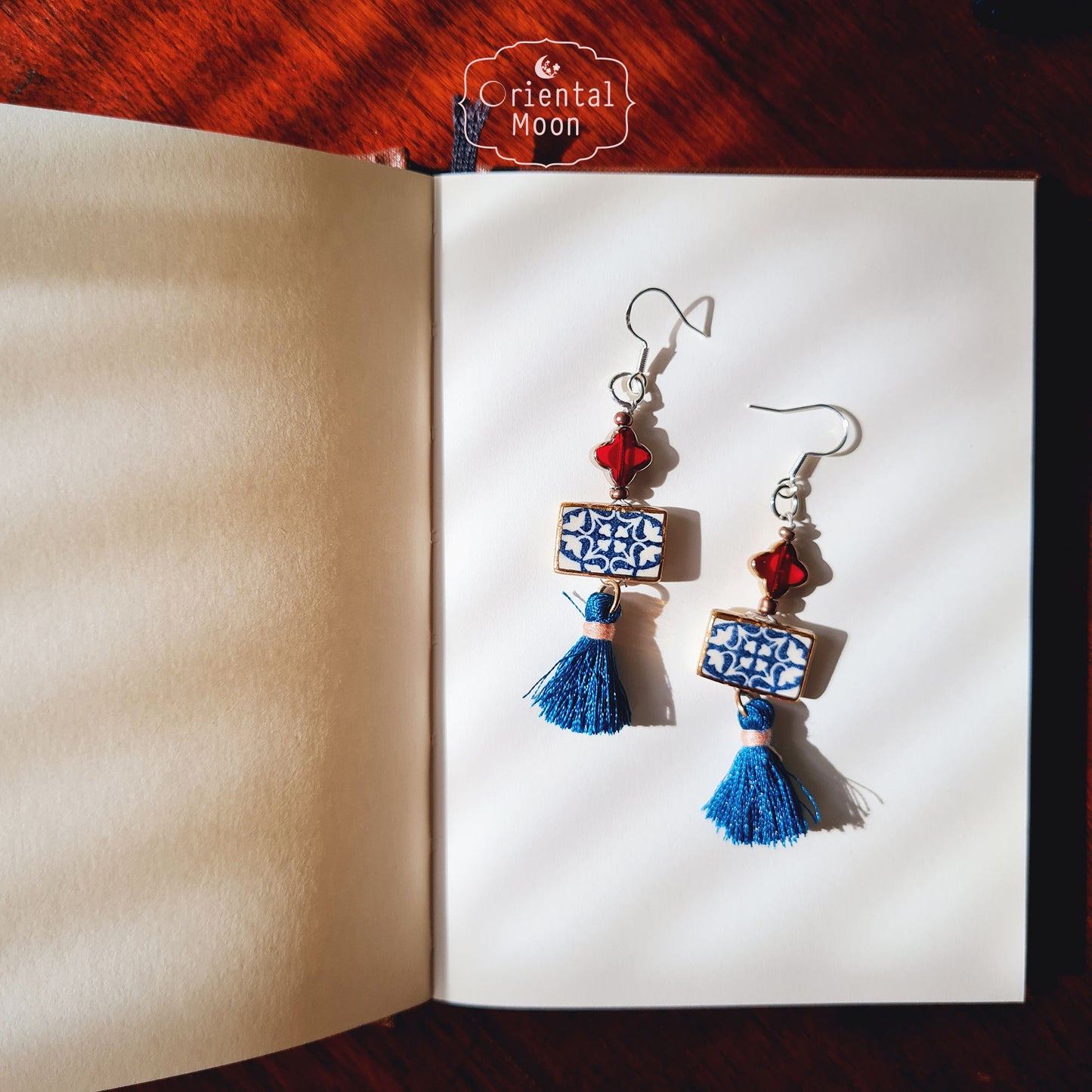 Blue &White vintage pattern with gold rim painted  dangle ceramic earrings decorated with tassel (925 sterling silver hook)