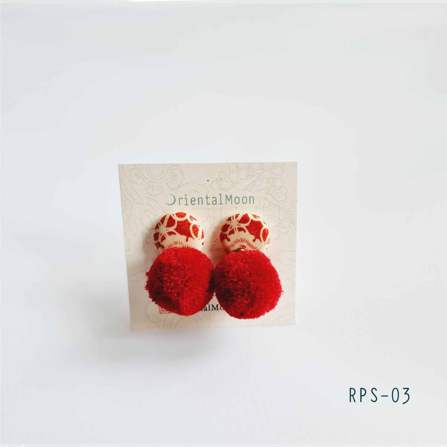 Red & white ceramic stud earrings decorated with Pom Pom ( Pattern type)