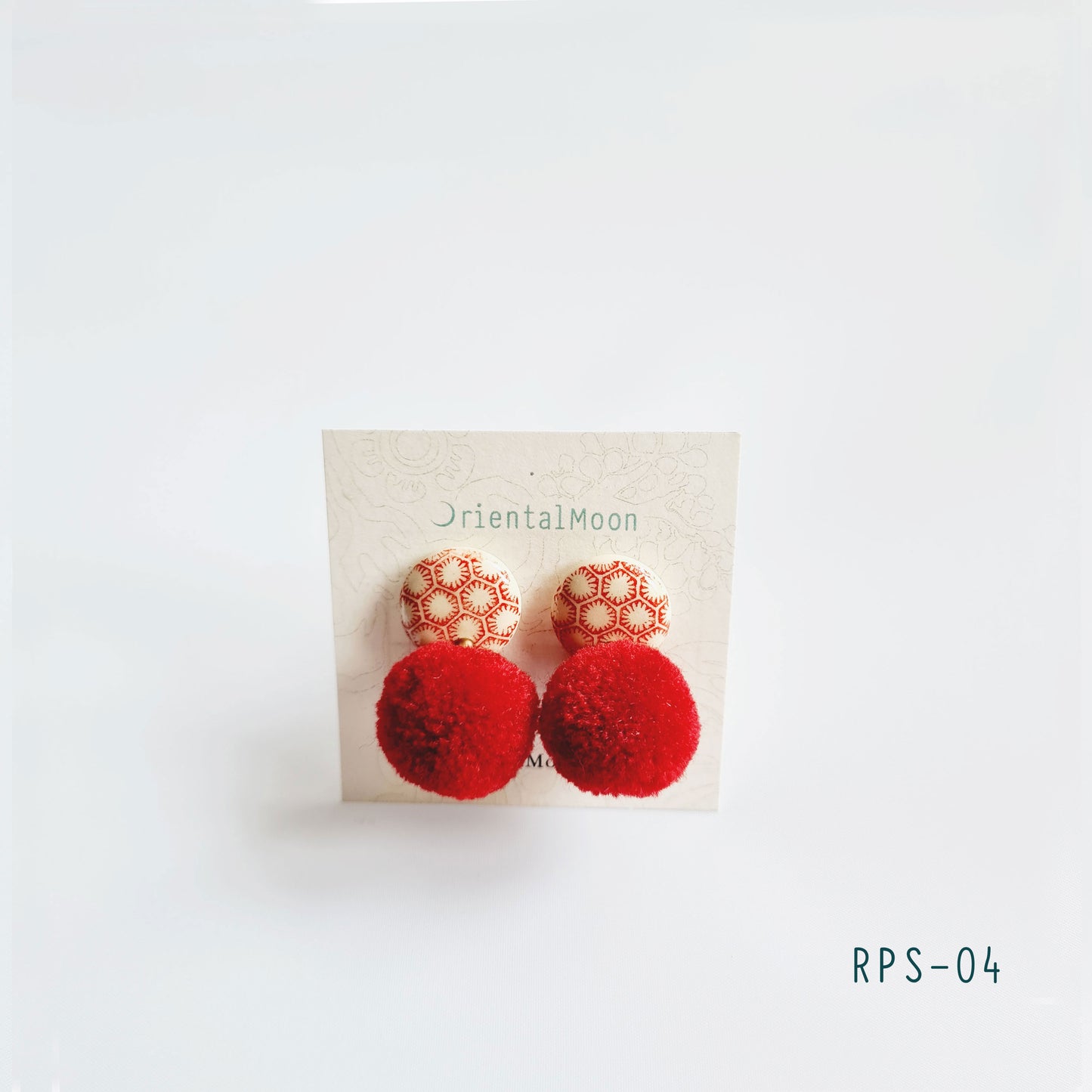 Red & white ceramic stud earrings decorated with Pom Pom ( Pattern type)