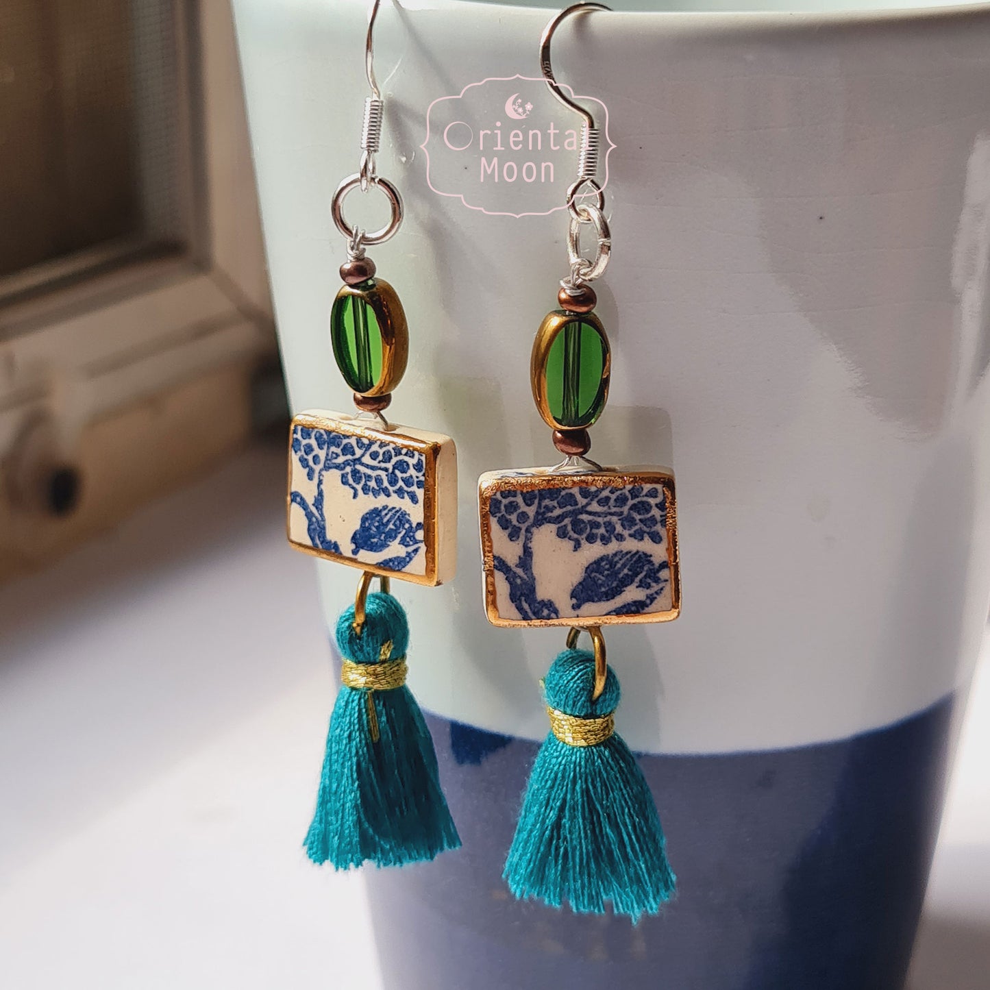 Blue &White vintage pattern with gold rim painted  dangle ceramic earrings decorated with tassel (925 sterling silver hook)