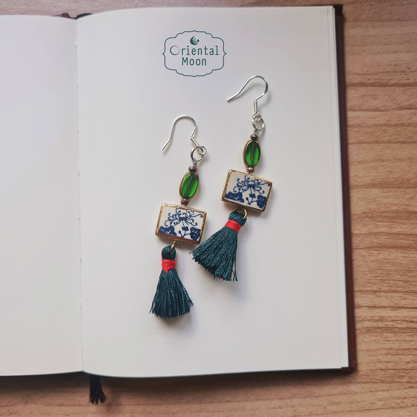 Blue &White vintage pattern with gold rim painted dangle ceramic earrings decorated with tassel (925 sterling silver hook)