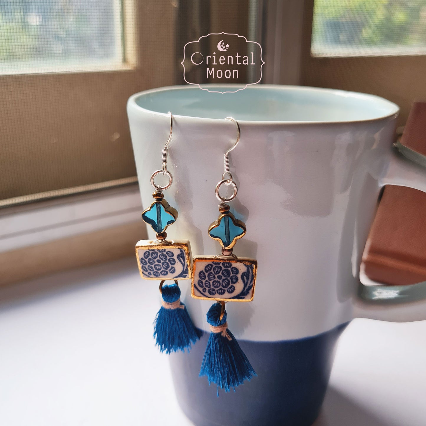 Blue &White vintage pattern with gold rim painted  dangle ceramic earrings decorated with tassel (925 sterling silver hook)