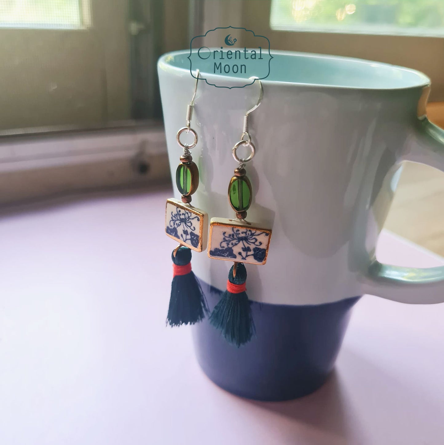 Blue &White vintage pattern with gold rim painted dangle ceramic earrings decorated with tassel (925 sterling silver hook)