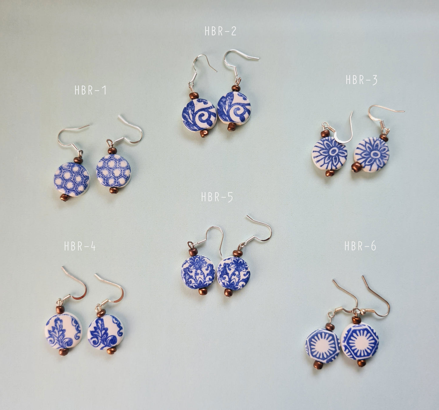 Blue &White vintage pattern on circle ceramic hanging earrings  (925 sterling silver hook)