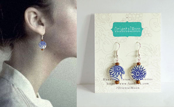 Blue &White vintage pattern on circle ceramic hanging earrings  (925 sterling silver hook)