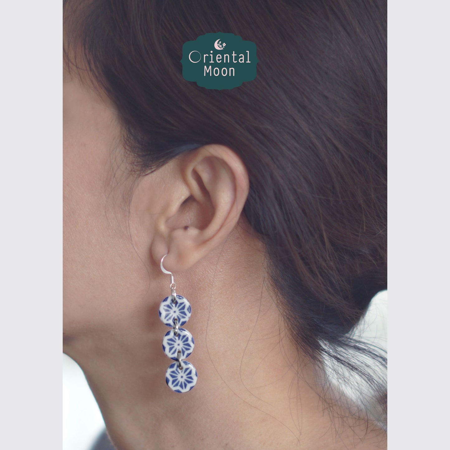 Blue& white Chandelier ceramic earrings  ต่างหูเซรามิคระย้า (4-5 )( 925 sterling silver hook)