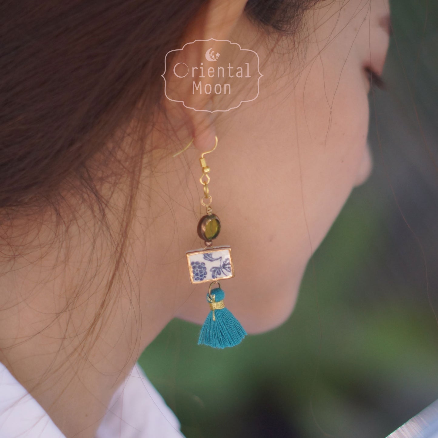 Blue &White vintage pattern with gold rim painted  dangle ceramic earrings decorated with tassel (925 sterling silver hook)