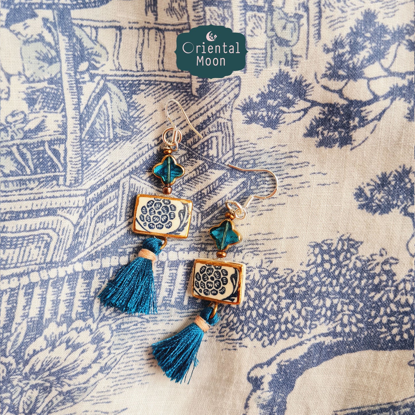 Blue &White vintage pattern with gold rim painted dangle ceramic earrings decorated with tassel (925 sterling silver hook)