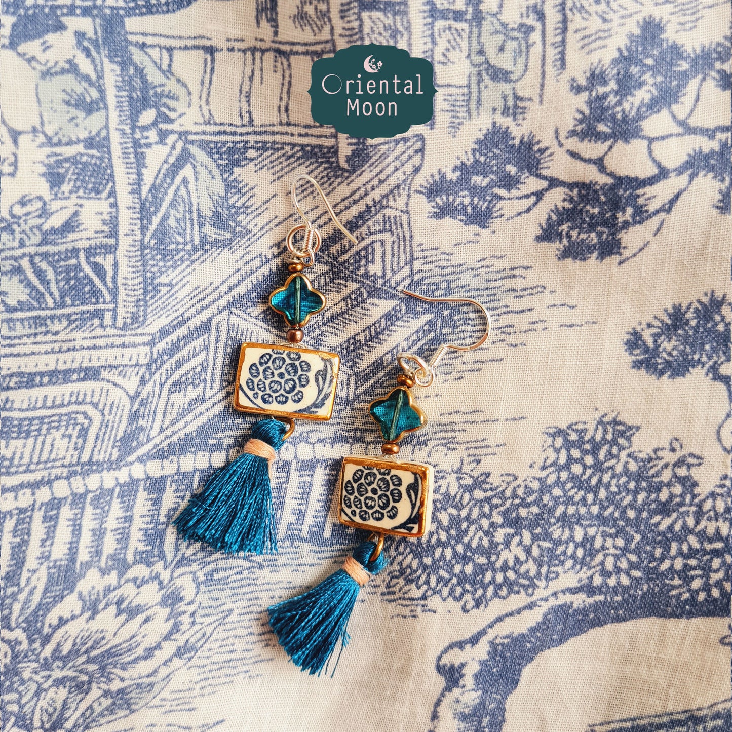 Blue &White vintage pattern with gold rim painted  dangle ceramic earrings decorated with tassel (925 sterling silver hook)