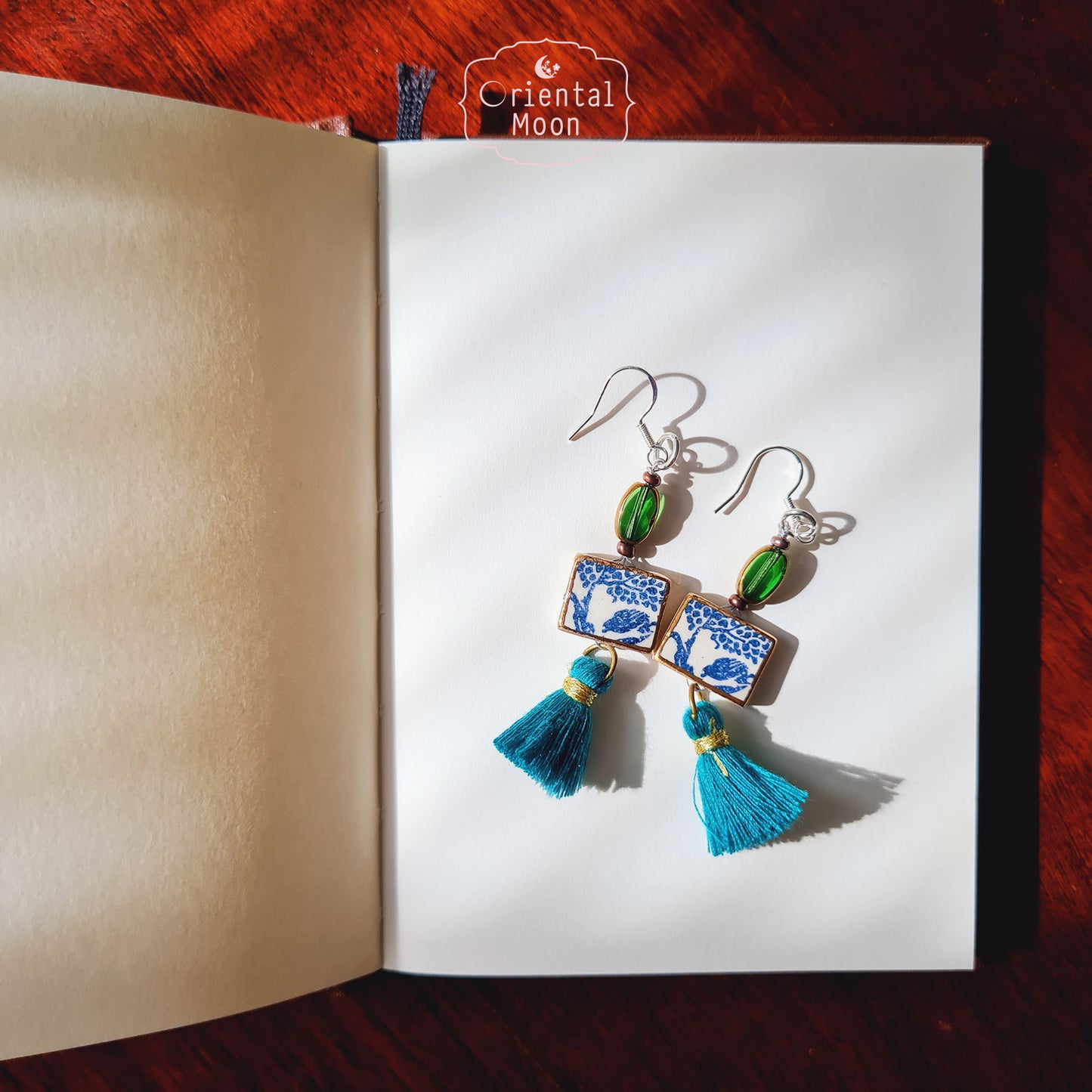 Blue &White vintage pattern with gold rim painted dangle ceramic earrings decorated with tassel (925 sterling silver hook)