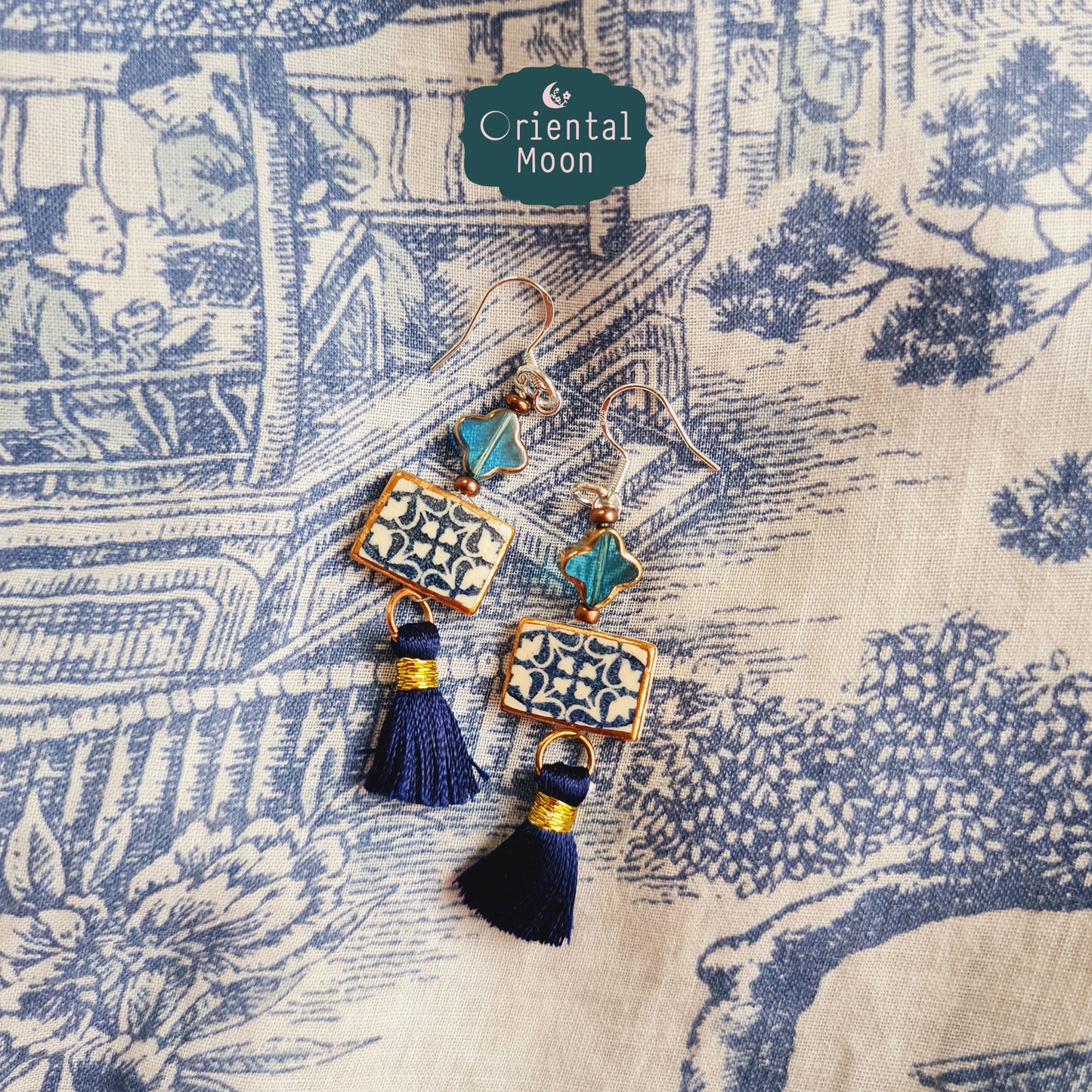 Blue &White vintage pattern with gold rim painted  dangle ceramic earrings decorated with tassel (925 sterling silver hook)