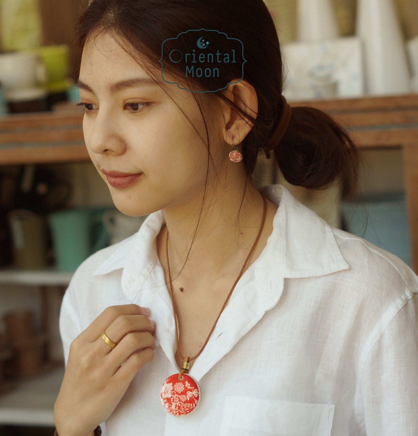 Red & White ceramic pendant set with earrings OM01 ชุดสร้อยคอจี้เซรามิคพร้อมต่างหู