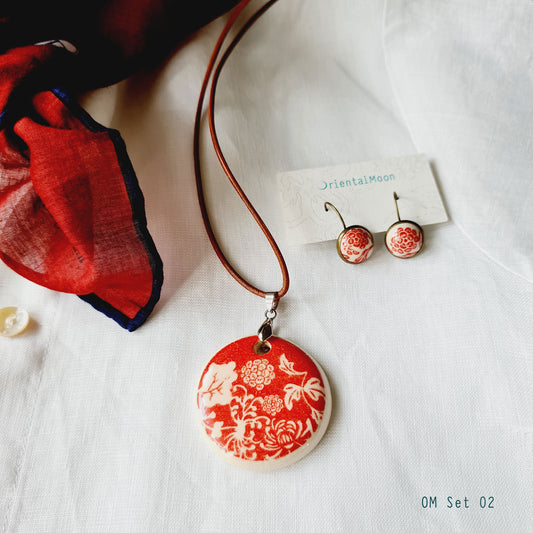 Red & White ceramic pendant set with earrings OM01 ชุดสร้อยคอจี้เซรามิคพร้อมต่างหู