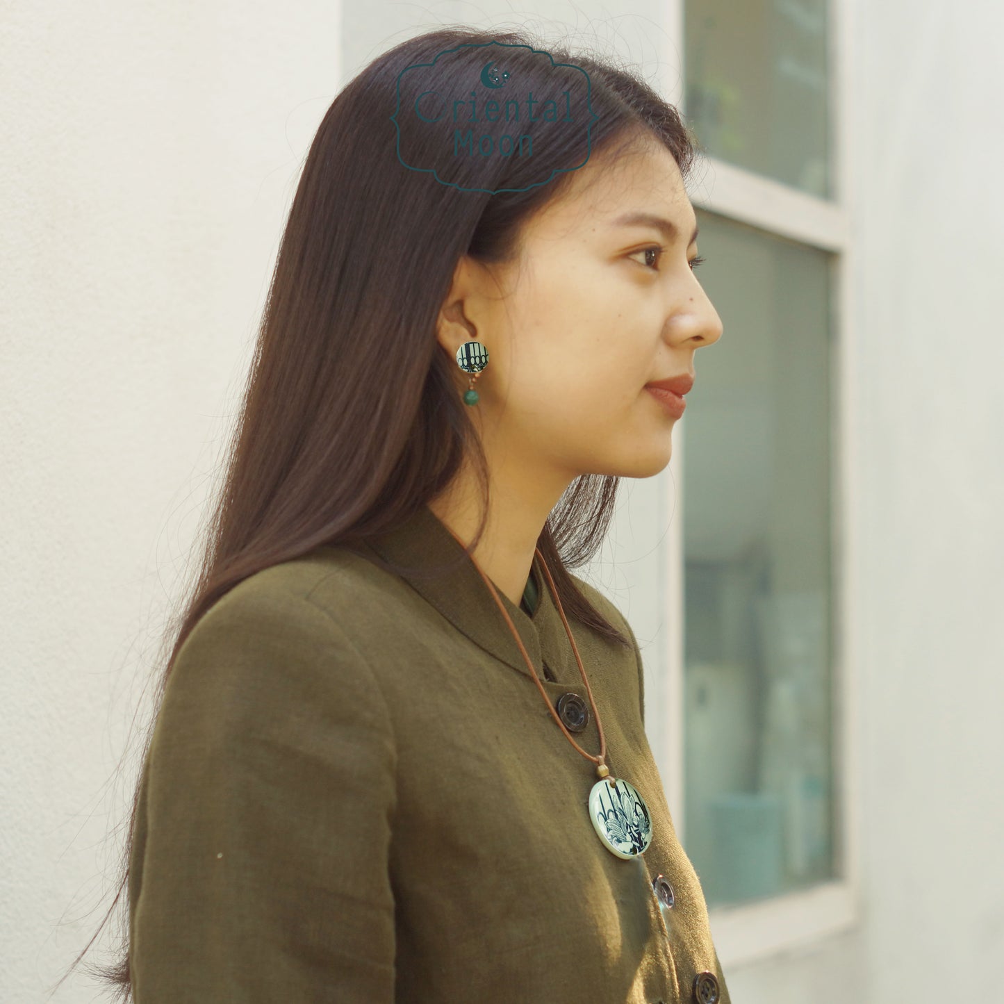 Blue on mint green ceramic pendant set with earrings OM05 ชุดสร้อยคอจี้เซรามิคพร้อมต่างหู OM05