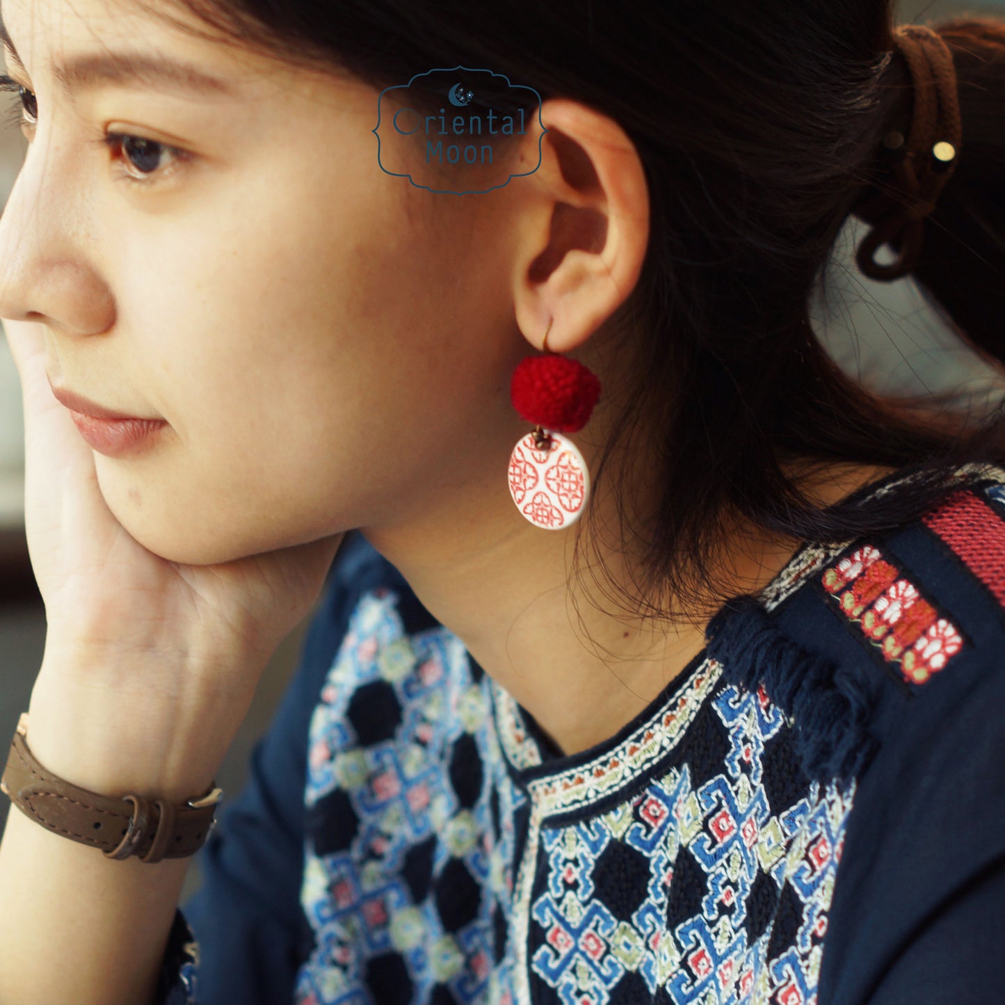 Red Chinese tiles pattern on ceramic hanging earrings decorated with Pom Pom( Pattern type)