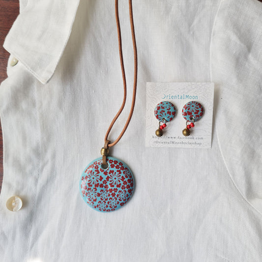 Red on green turquoise ceramic pendant set with earrings OM12 ชุดสร้อยคอจี้เซรามิคพร้อมต่างหู06