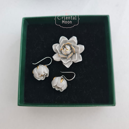 Dok Mali Son Porcelain set of brooch and earrings ( 925 sterling silver )
