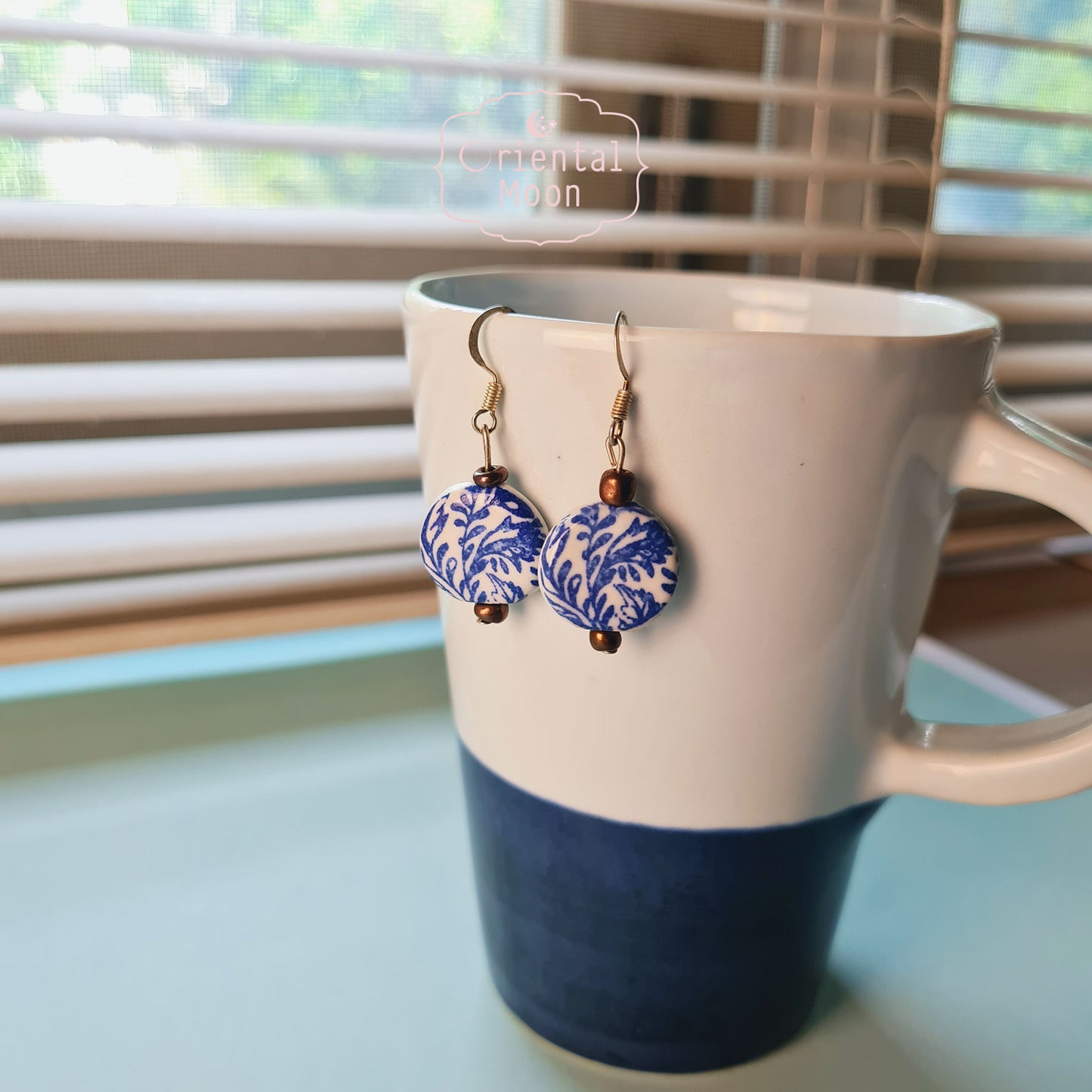 Blue &White vintage pattern on circle ceramic hanging earrings  (925 sterling silver hook)